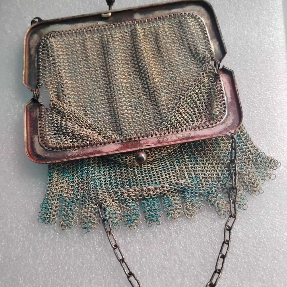 Whiting & Davis Silver and Green Chainmail Clutch